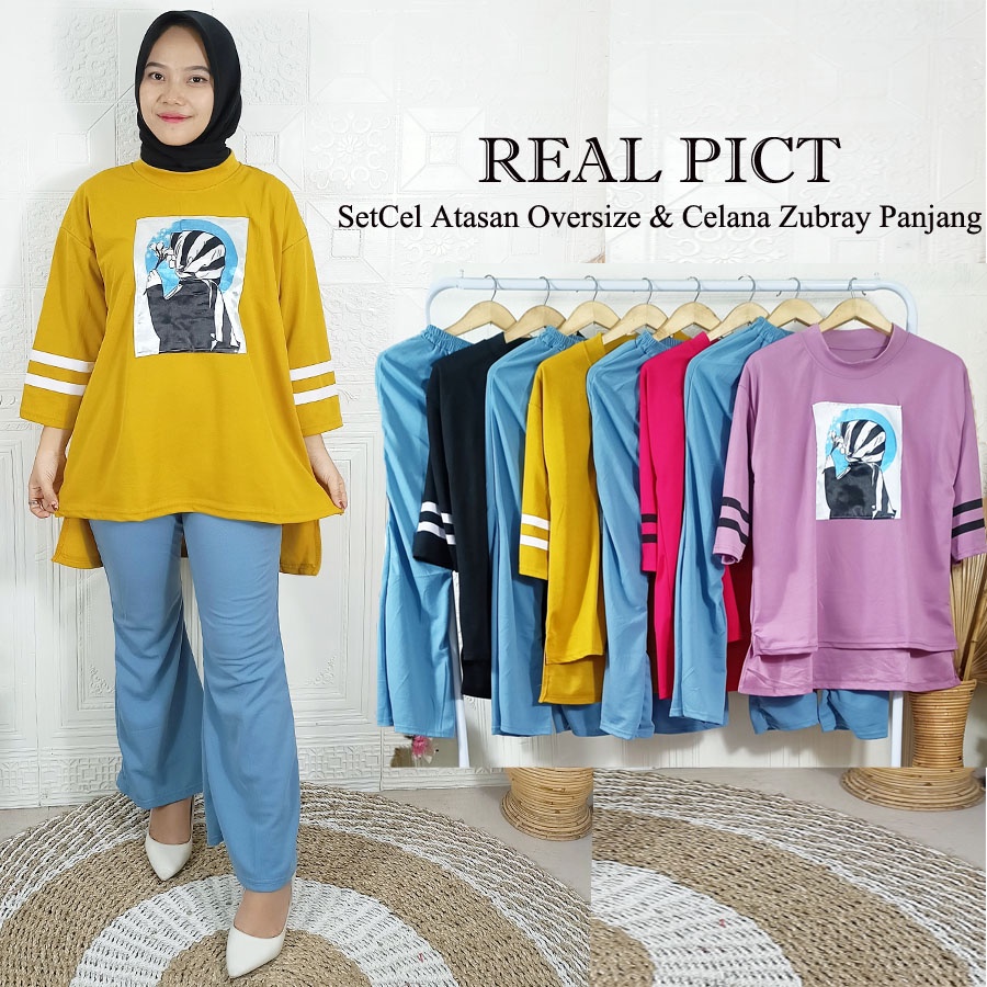 CARLINA SETELAN BASIC WANITA HIJAB ATASAN OVERSIZE DAN CELANA BIRU PANJANG ZUBRAY