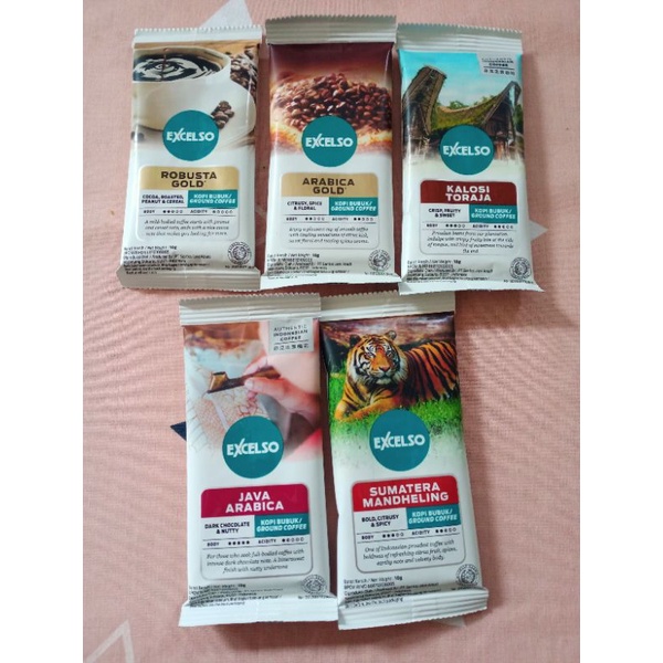 

Excelso Coffee Eceran 10 gram Arabica Gold/Robusta Gold/Java Arabica/Sumatera Mandheling/Kalosi Toraja