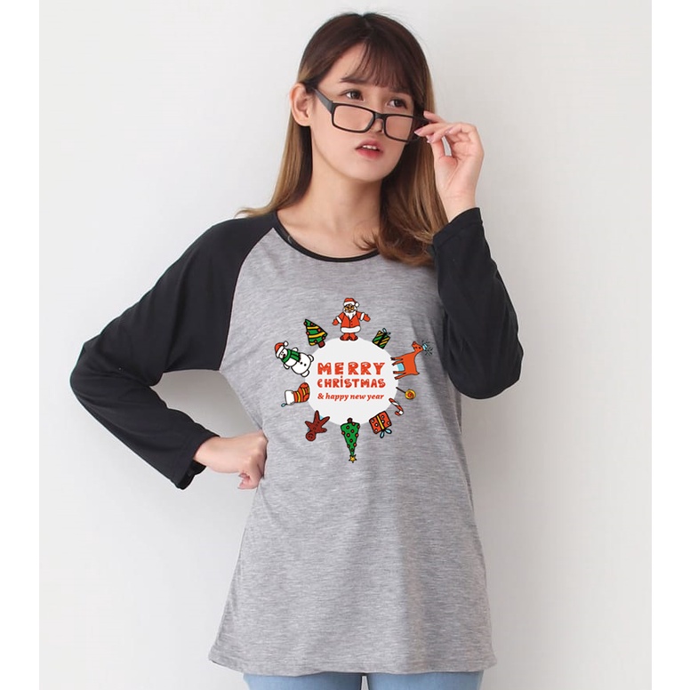 Kaos Raglan Panjang Abu-Abu Misty Bergambar Merry Christmas