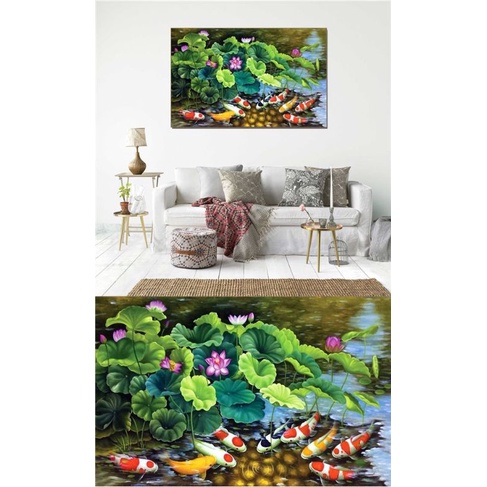 hiasan dinding cetak gambar ikan koi warna plus bingkai
