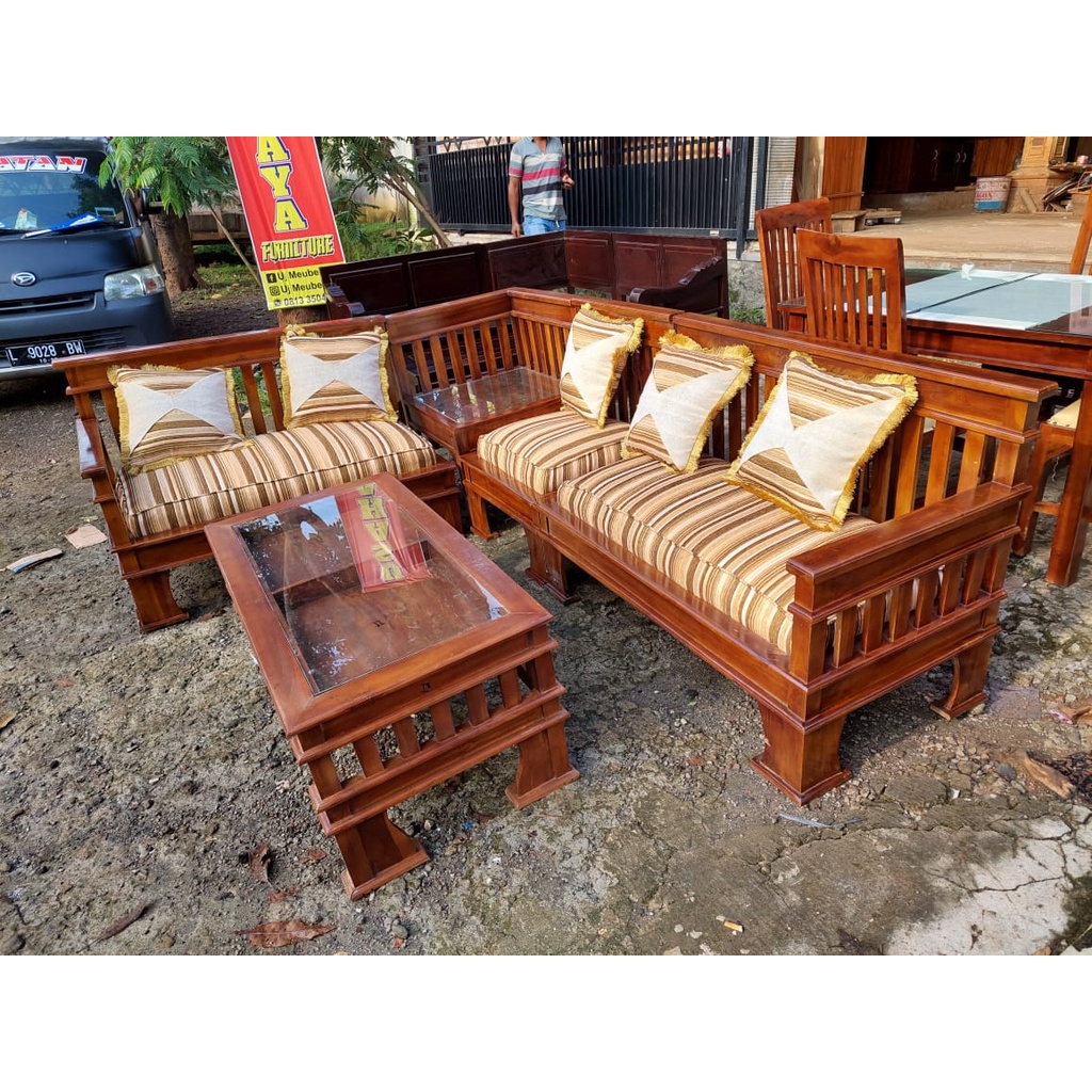 MEJA KURSI TAMU KAYU JATI MODEL SUDUT