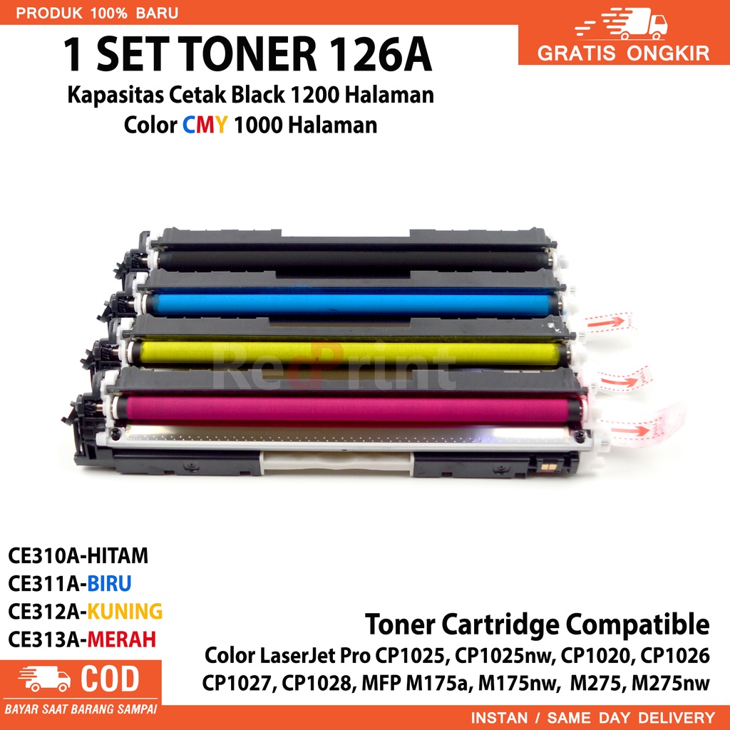 Toner cartridge 126A compatible untuk printer HP Color LaserJet CP1025, CP1025nw, MFP M175a, M175nw, M275, M275nw, CP1020, CP1026, CP1027 CP1028, 1 Set 4 Warna
