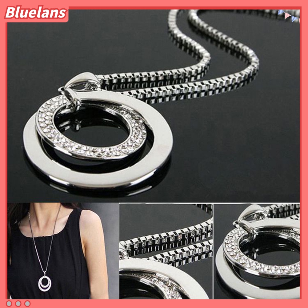 Bluelans Women Fashion Double Circles Rhinestone Inlaid Long Chain Necklace Jewelry Gift