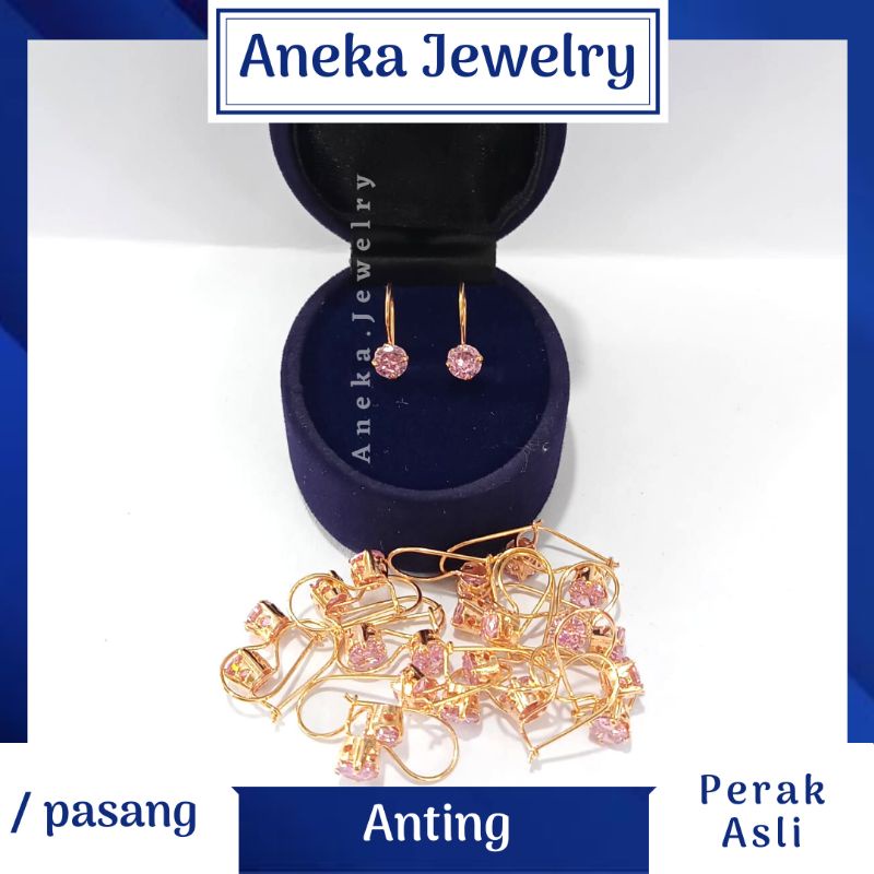 Anting Desi Mata Pink, Perak 925, Sepuh Emas Kuning