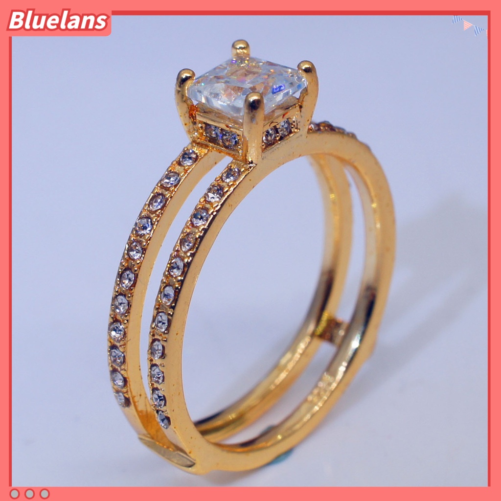 Bluelans Cincin Wanita Model Lapis Ganda Bentuk Persegi Aksen Berlian Imitasi Untuk Pernikahan