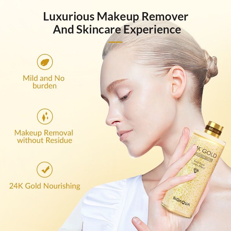 BISA COD (BPOM) BIOAQUA 24K Gold Gentle Makeup REMOVER Micellar Water Lip &amp; Eye Makeup Remover For All Skin Type 300ml Pembersih Kosmetik Makeup Wajah RUMAH CANTIK 354