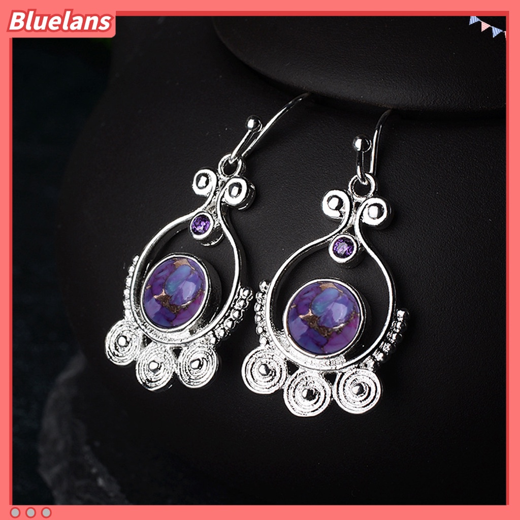 Anting Kait Gantung Wanita Model Hollow Bahan Alloy Hias Turquoise Imitasi Untuk Pesta