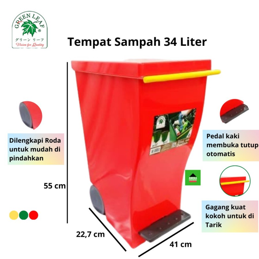 Tempat Sampah Injak 34 Liter Green Leaf 2129 Roda Kotak Sampah Tong Air Plastik Dustbin