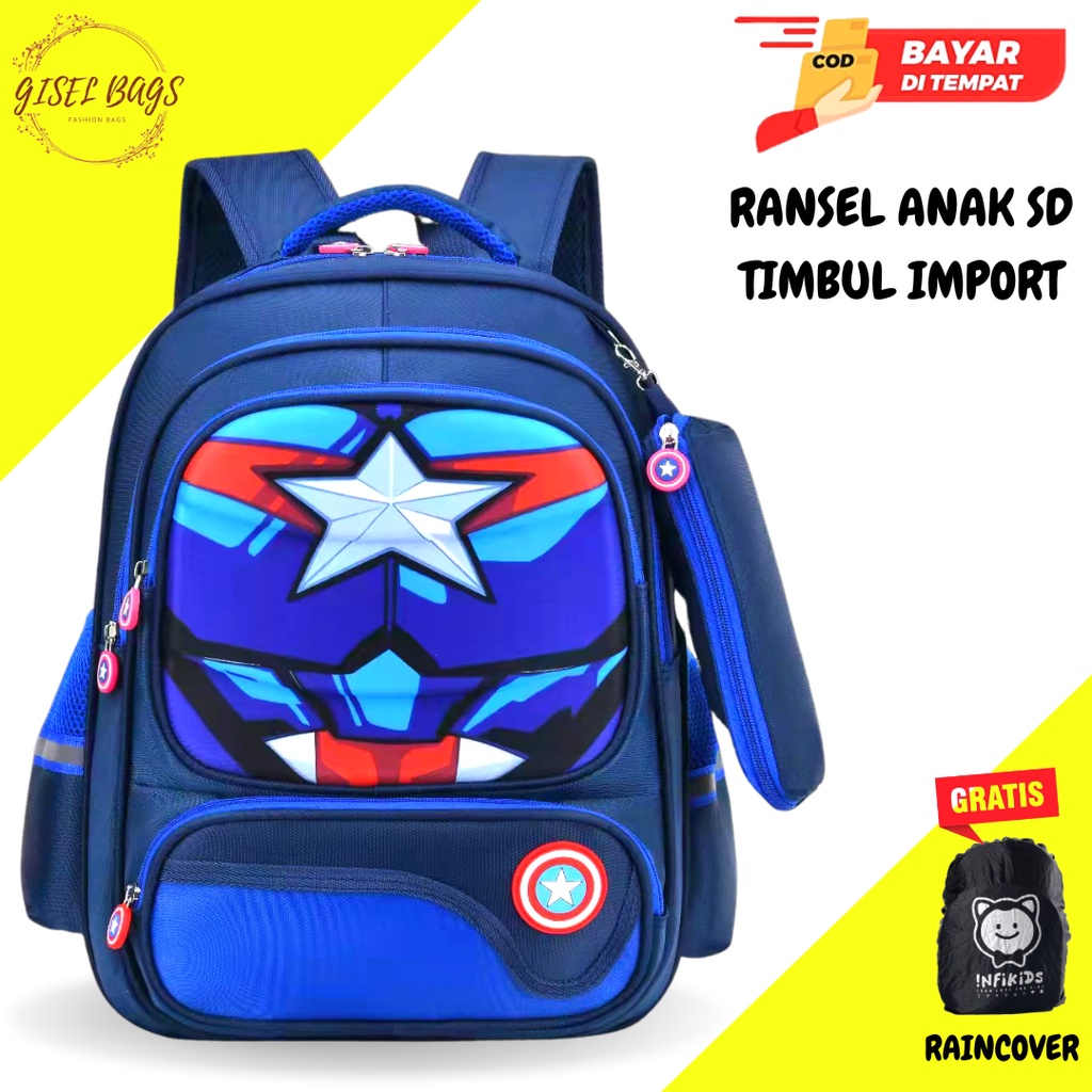 Tas anak laki laki sekolah sd gambar timbul karakter superhero waterproof