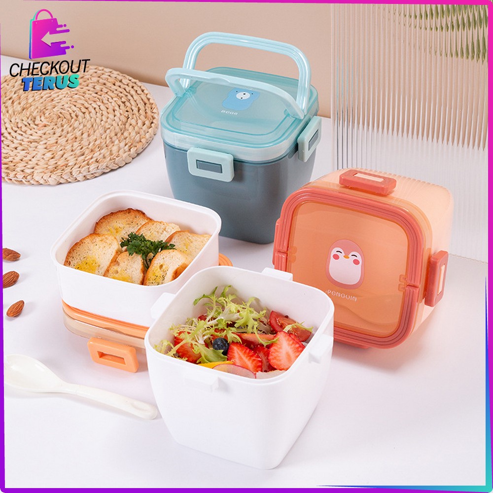 CT C691 Kotak Bekal Portable Tempat Makan Dengan Pegangan BPA FREE Motif Karakter Anti Tumpah Dengan Sendok Plastic Lunch Box Set