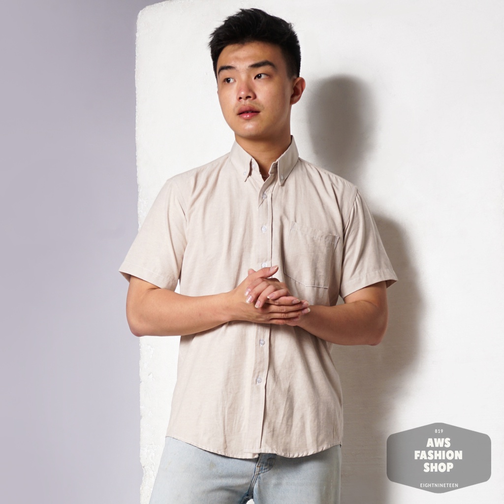 819 Kemeja Pria Lengan Pendek Polos Khaki Cream Oxford Basic SIMPLE Slimfit Casual Tersedia Ready Sampai Size JUMBO BIG SIZE XXL XXXL