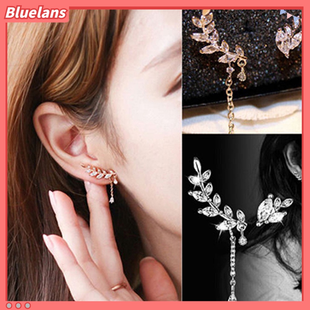 Bluelans Anting Tusuk Gantung Asimetris Desain Daun Hias Berlian Imitasi Anti Karat Untuk Wanita