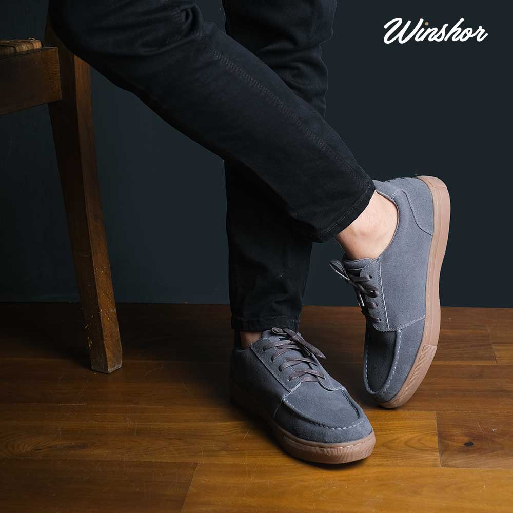 Sepatu Sneakers Kulit - Winshor - Denver - Grey Suede Gum