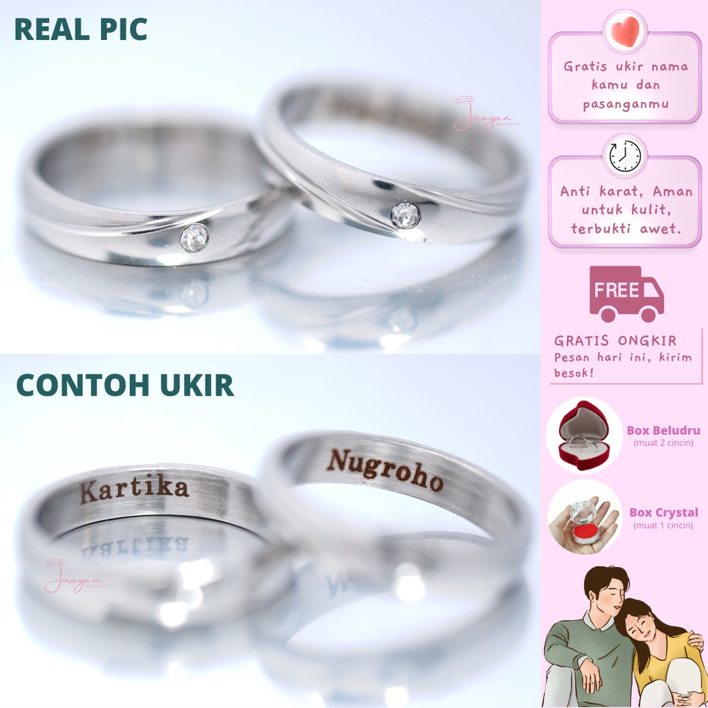 [UKIR NAMA + BOX HATI] Cincin Couple Romantis Titanium M46 Anti Karat Hadiah Tunangan Nikah BONUS Gelang