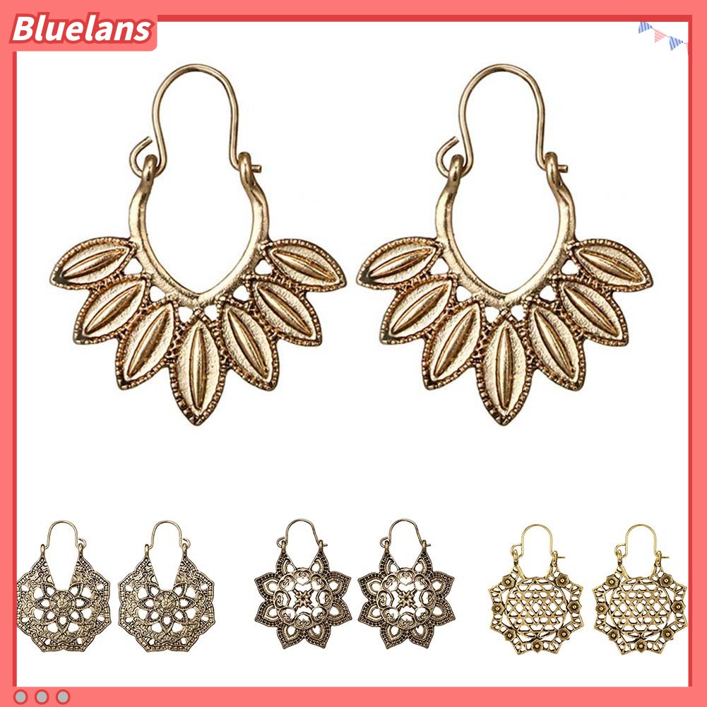 Bluelans Bohemian Women Hollow Flower Honeycomb Filigree Hoop Earrings Retro Jewelry Gift