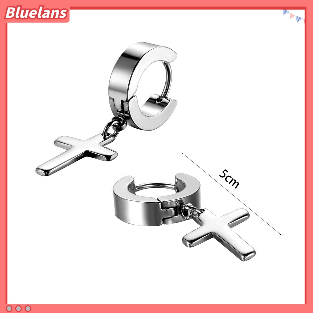 Bluelans 1 Pair Ear Dangle Cross Pendant Eco-friendly Stainless Steel Huggie Hinged Hoop Earrings for Men