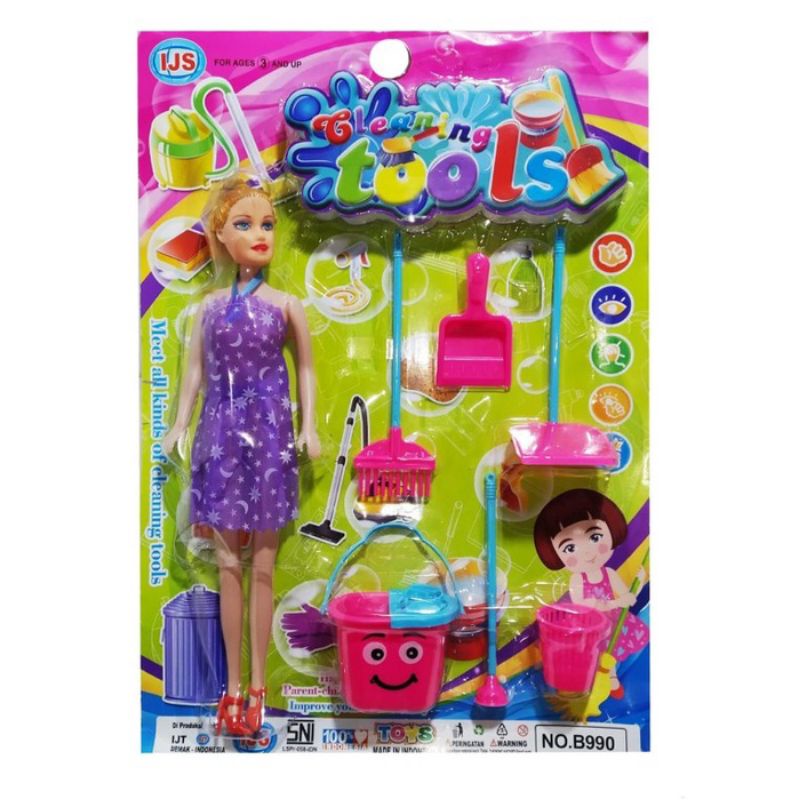 B990 Mainan Boneka Berbi Cleaning Servis Sapu Pengki Pel dan Ember 990