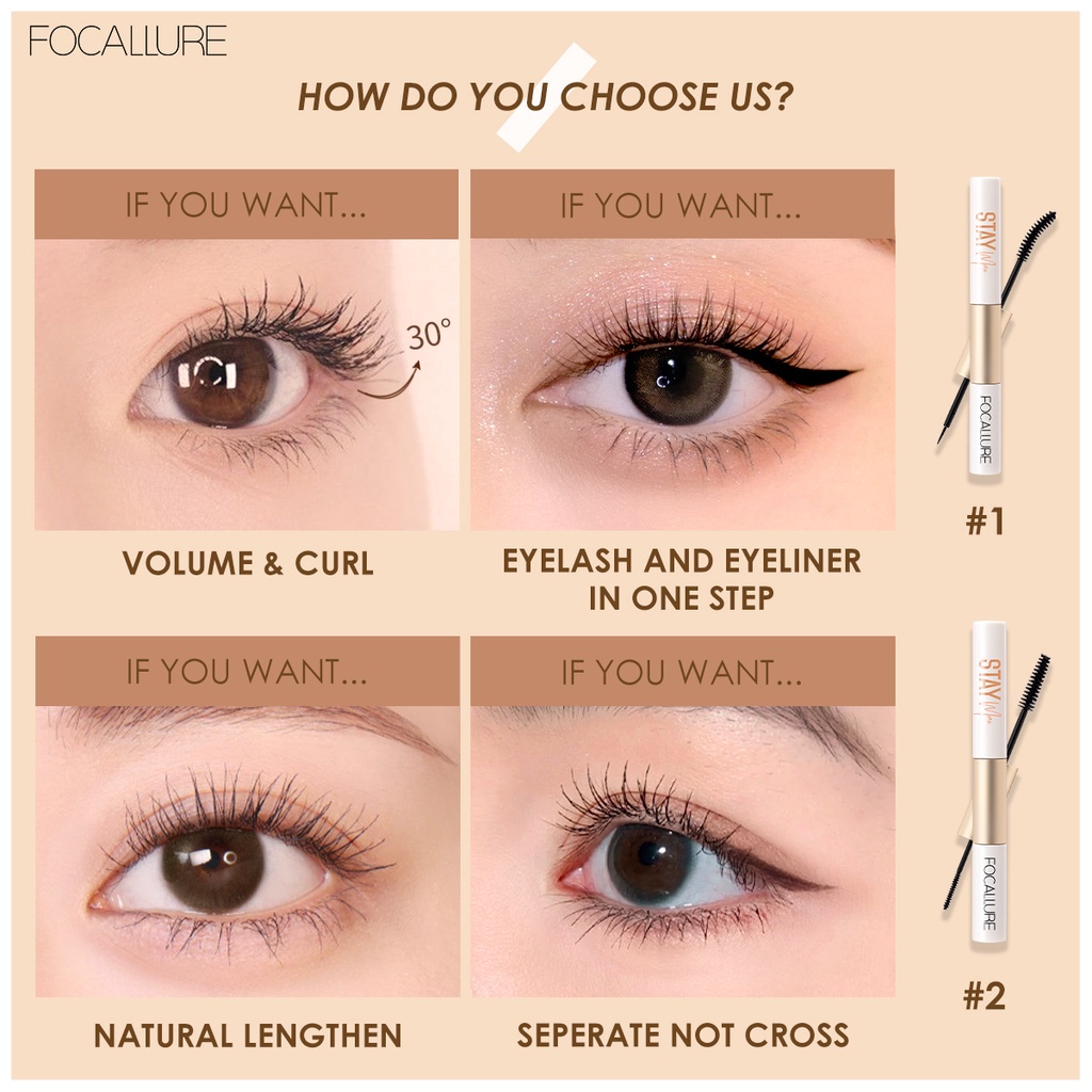 FOCALLURE 2 In 1 Waterproof Maskara &amp; Eyeliner Fiber Eyelash Primer Untuk Mata FA160