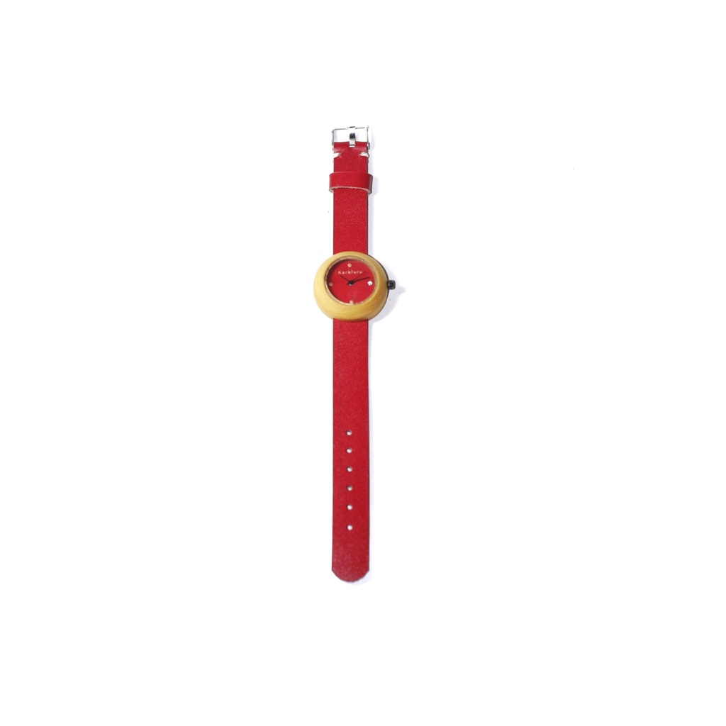 KARAFURU jam tangan kayu nangka date series pria / wanita / unisex strap kulit sapi merah