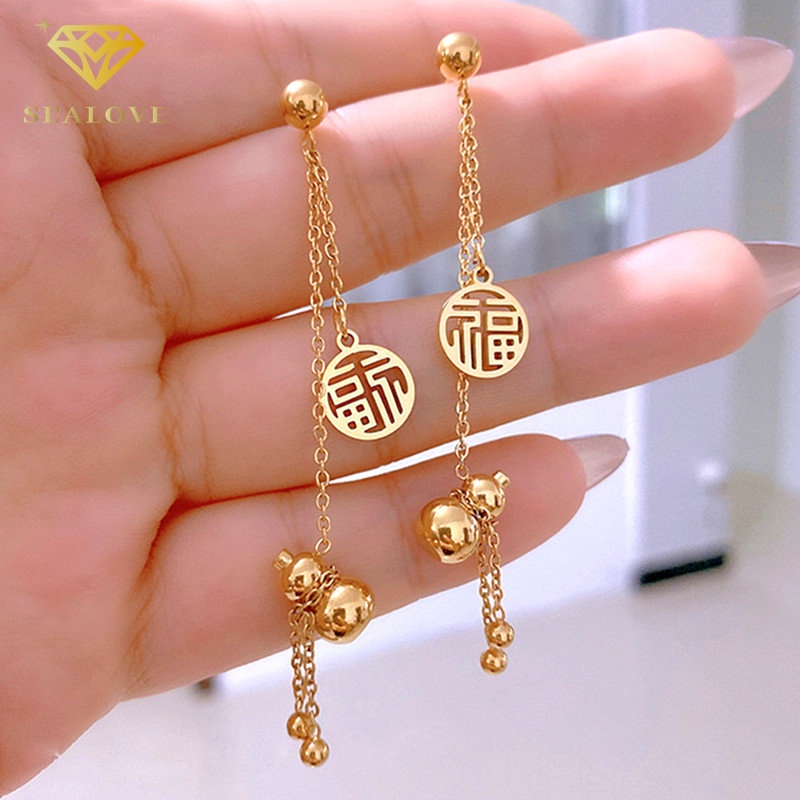 Anting Titanium Korea panjang liontin FU Emas 18K Anti Karat dan anti luntur asli Aksesoris Perhiasan Wanita