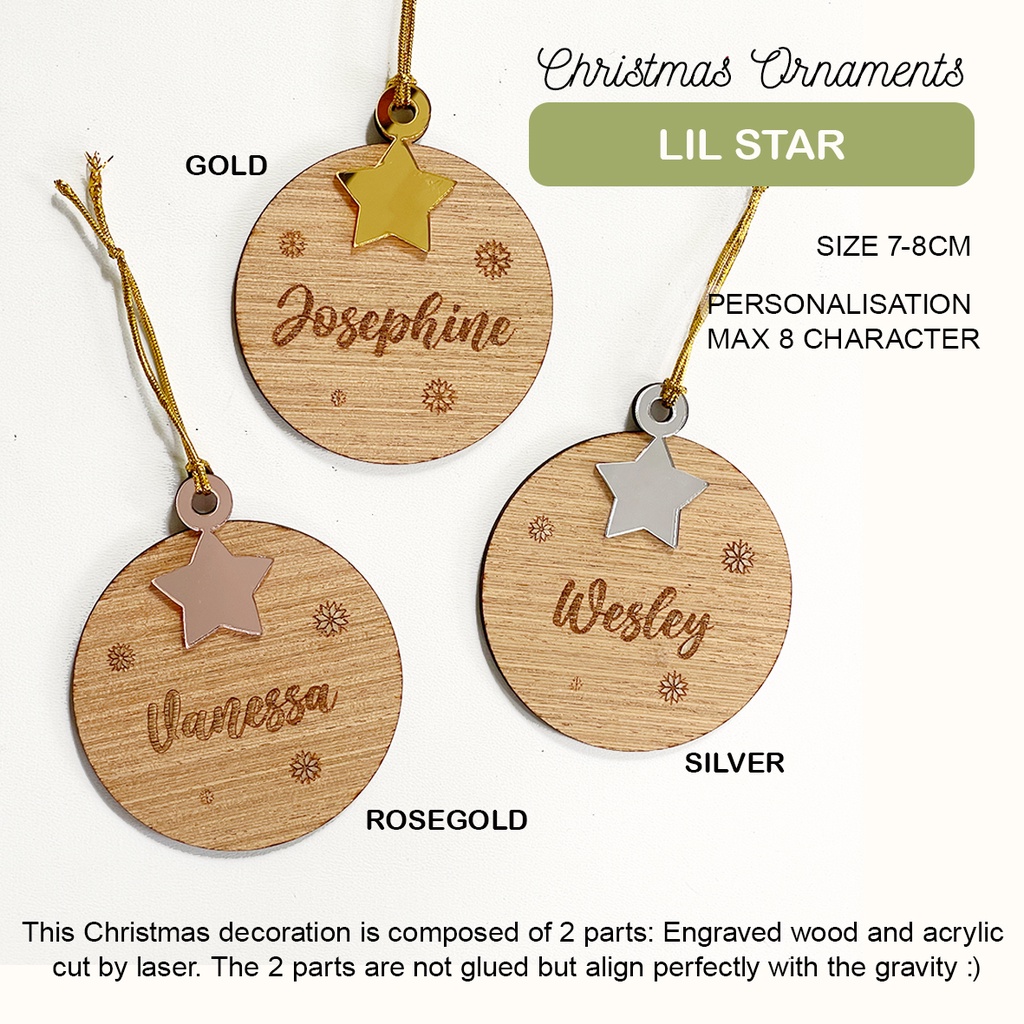 Gantungan Natal Christmas Ornament Custom Nama Grafir Kayu Akrilik Silver Gold Rosegold Fancy Plywood Kado Gift