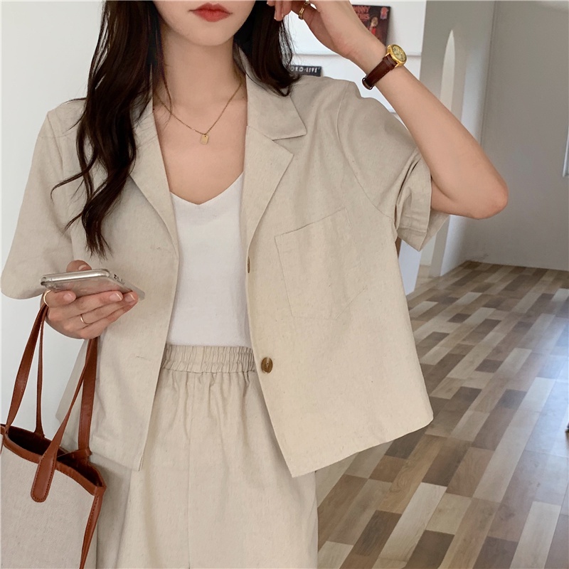 korean style V-neck blazer jaket wanita terbaru korean+ loose dan celana lebar kaki kasual  high waist Celana panjang wanita import Korean style/One Set Wanita