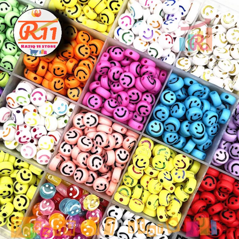 (100 Pc)Manik Manik Smile Bulat Pipih Mote Emoji Smile Bentuk Bulat Bahan Craft Diy Ukuran 6mm