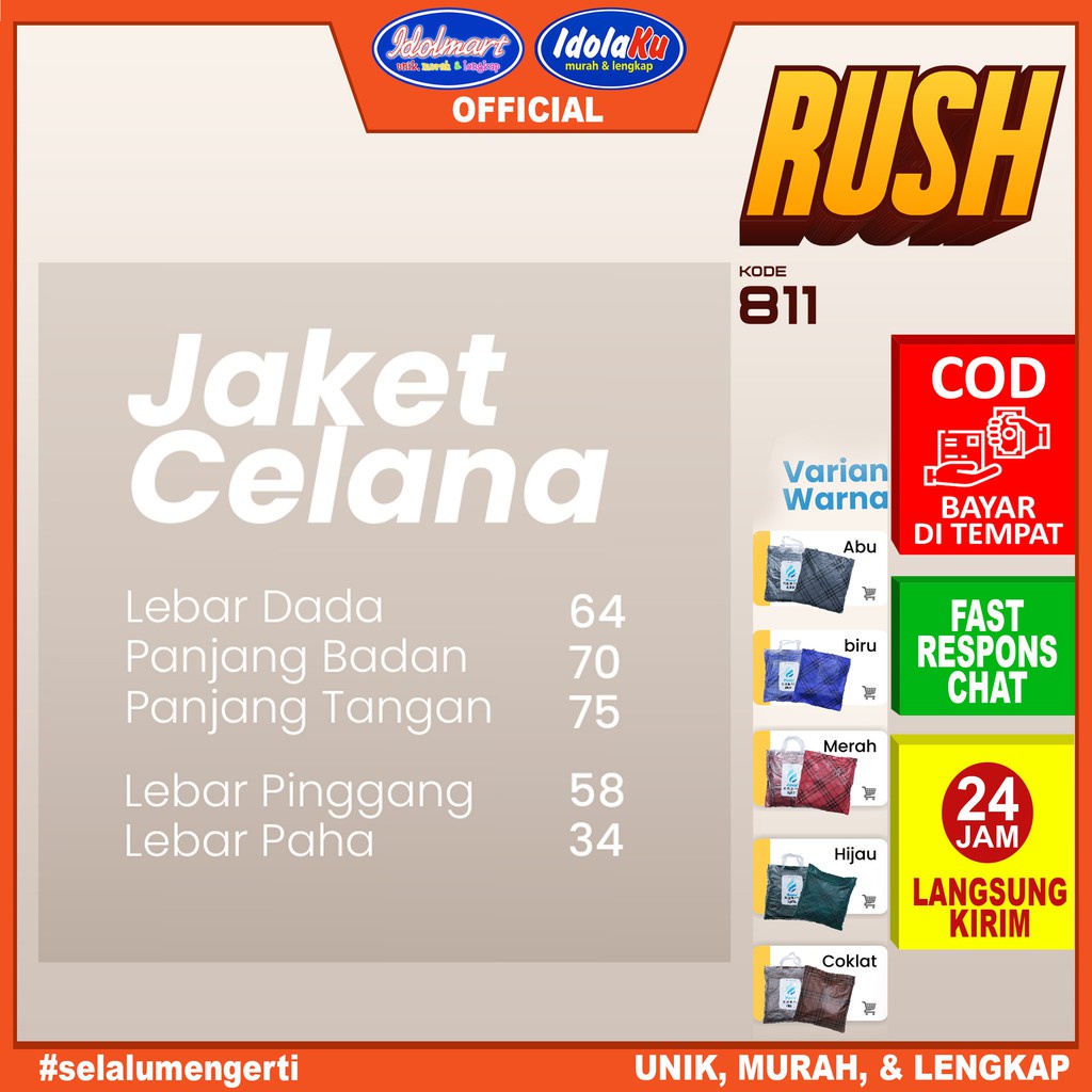 IDOLAKU Plevia Jas Hujan Stelan  811 Rush /Jas Hujan Setelan Atasan Jaket Celana Dewasa  Unisex - Plevia Bekasi