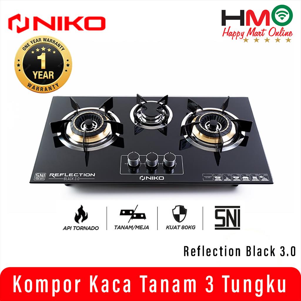 Niko Kompor Kaca 3 Tungku Gas Reflection Black 3.0 Kompor Tanam Niko Reflection Black 3