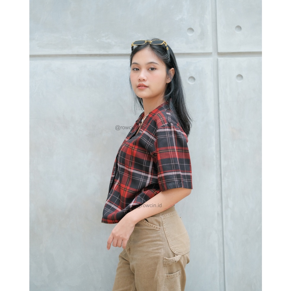 KEMEJA WANITA CROP TOP KOTAK KOTAK KOREAN CASUAL KATUN RAYON CROP SHIRT ORGANIK MODE A1