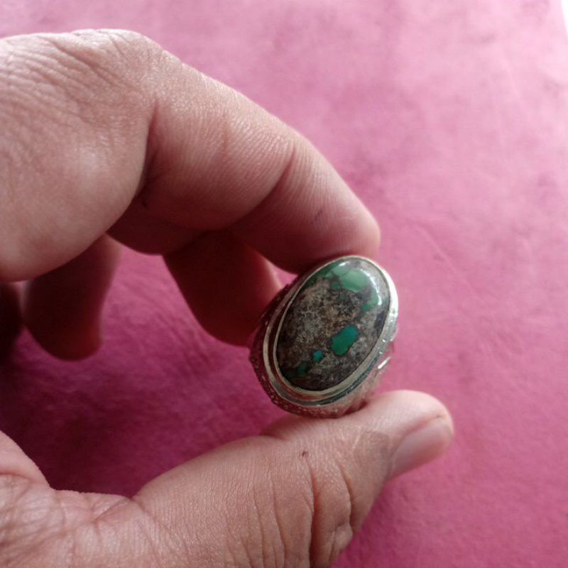 cincin batu akik pirus Persia hijau motif