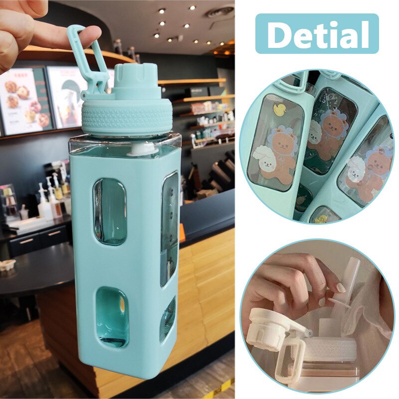 BBS BM9 Botol Minum Plastik Korea Lucu Bentuk Square Botol Minum Anak Sekolah Kapasitas Besar BPA Free Water Large Capacity Dengan Sedotan Food Grade