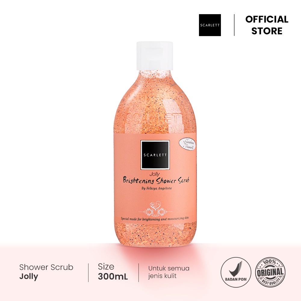 SCARLETT Whitening Brightening Shower Scrub Jolly Indonesia / 300ml / By Felicya Angelista / Special Made For Brightening And Moisturizing Skin / Glutathione Vitamin E / Body Care / Perawatan Kulit Tubuh / Sabun Mandi / Treatment Skincare Series Paket Set