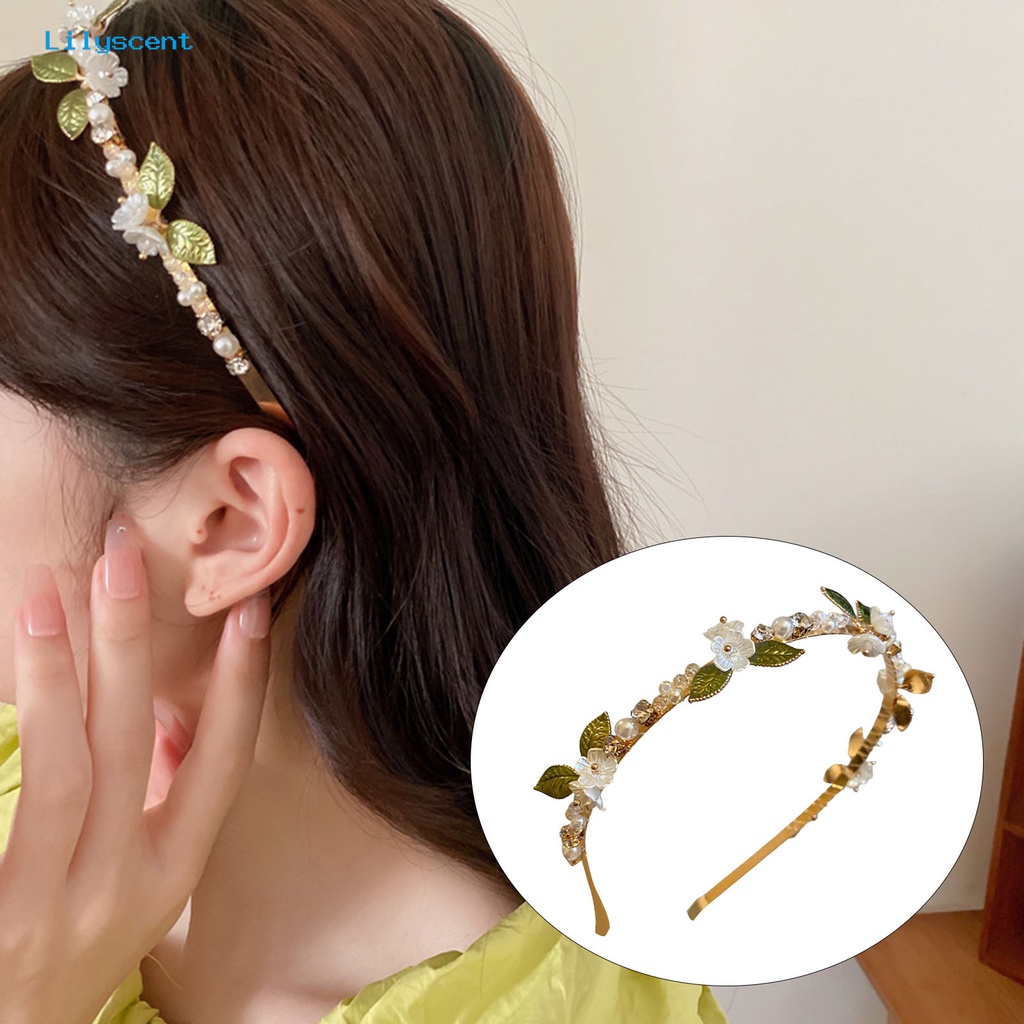 Bando Wanita Lapis Emas Desain Bunga Daun Hias Mutiara Berlian Imitasi Anti slip Untuk Pesta