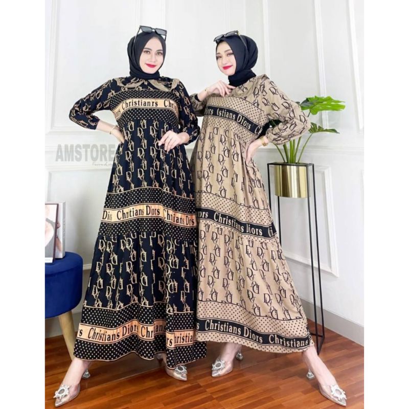 Gamis Cristian dior silk motif branded bahan rayon Ld 100-115 Pb 140-145