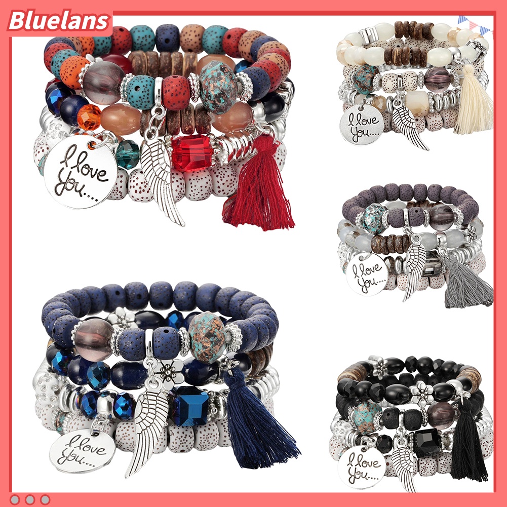 Bluelans 4Pcs Bohemia Style Wing Beads Bracelet Women Bangle Jewelry Party Gift