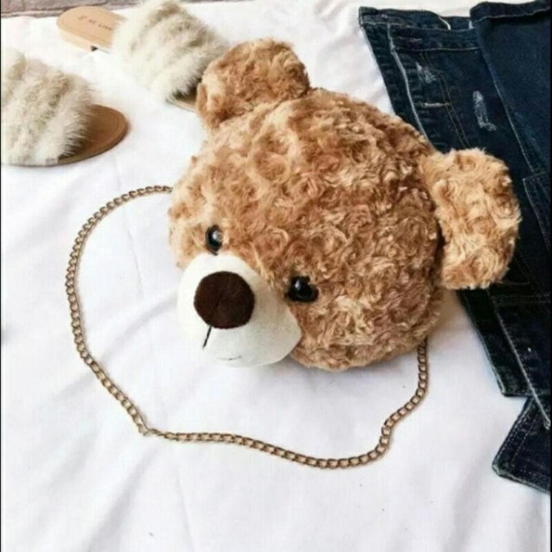 Tas wanita BEAR HEAD | Tas Selempang Wanita Kepala Beruang | Bahan Bulu Import dari Korea | Murah Bisa COD