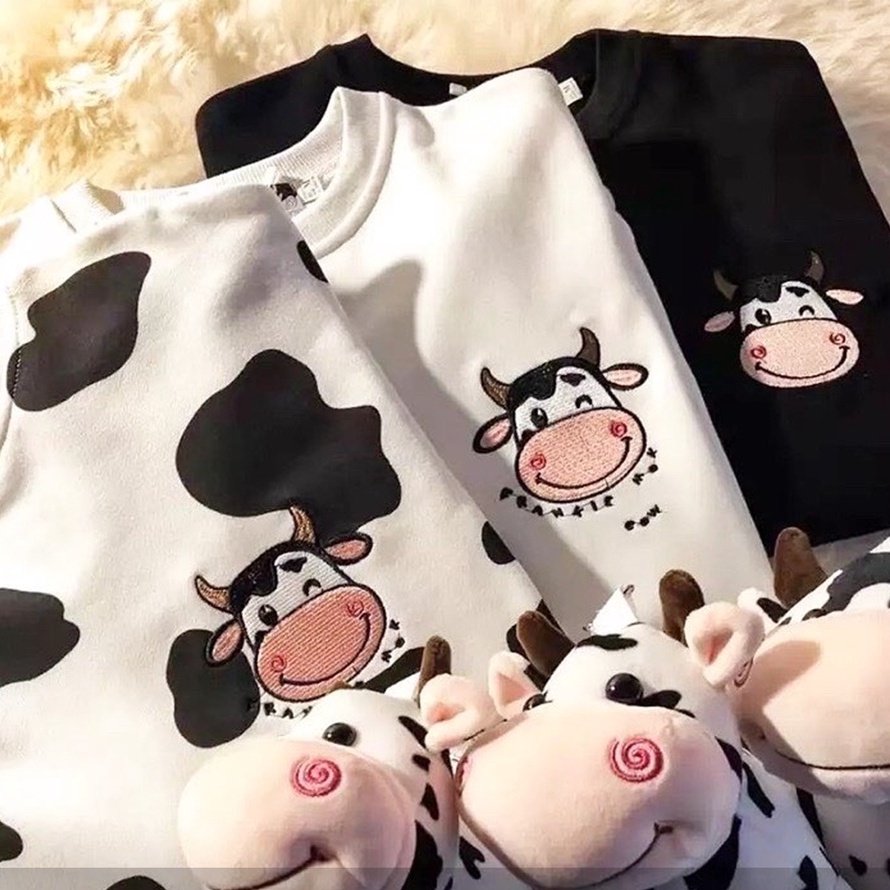 Sweater Bordir Sapi Lucu - Sweatshirt Cow Oblong Terbaru - Bahan Fleece | Allsize