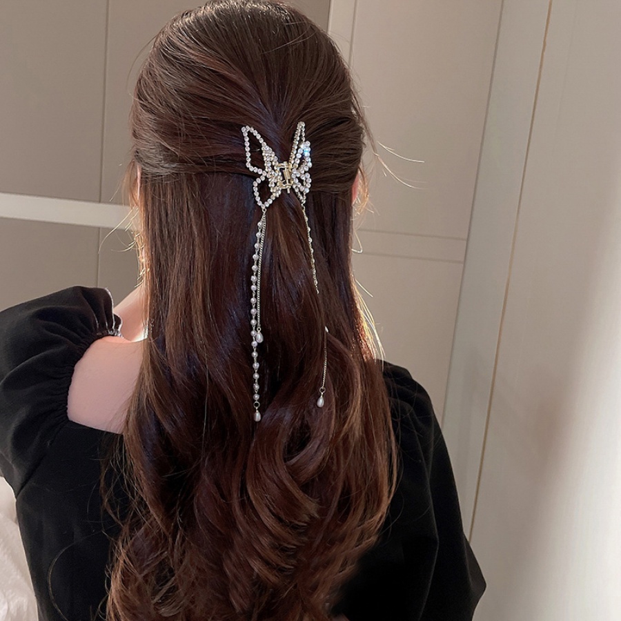 Jepit Rambut Model Butterfly Aksen Mutiara Dan Berlian Imitasi Bahan Alloy Gaya Korea Untuk Wanita