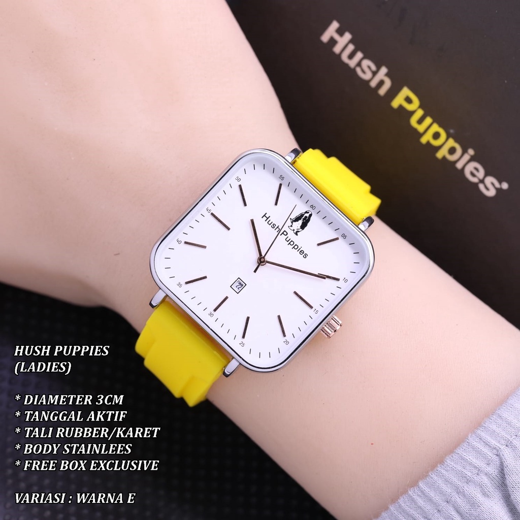 (FREE BOX) JAM TANGAN WANITA HUSH PUPPIES TALI RUBBER BODY SEGI TANGGAL AKTIF