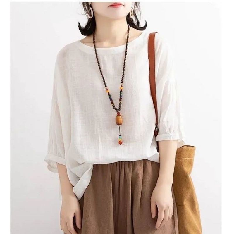 Asmora Blouse Wanita Korean Style Oversize Lengan Balon 3/4 Atasan Ootd Kekinian