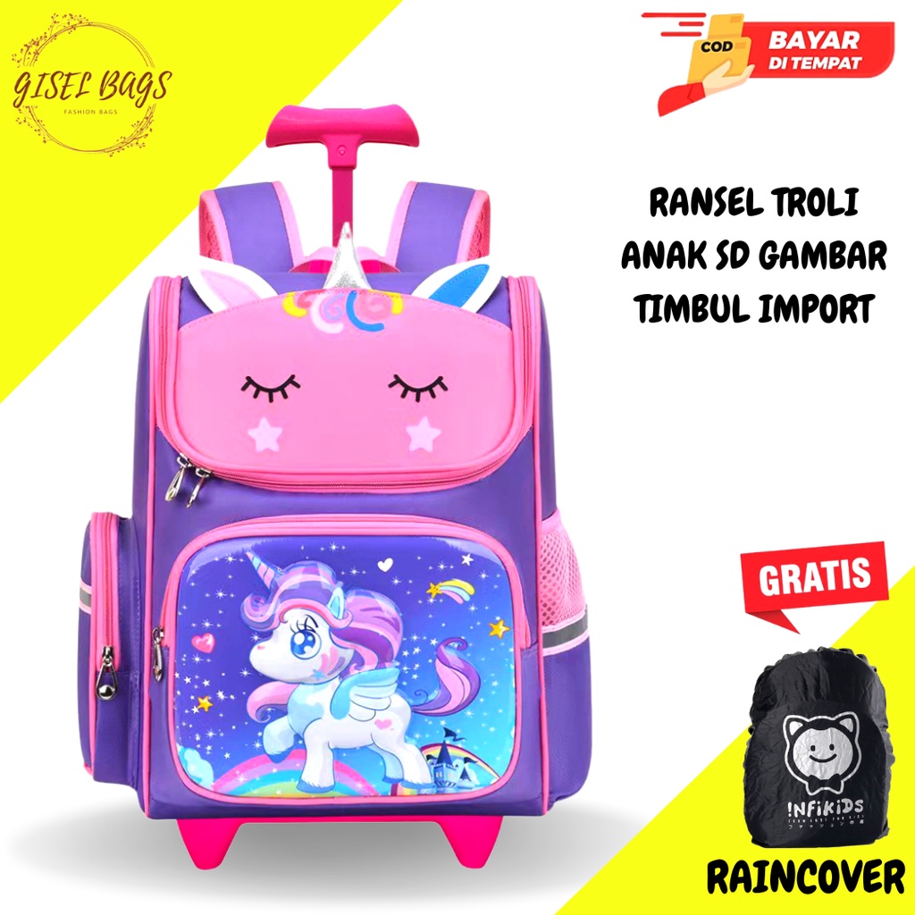 Tas Trolley anak perempuan sekolah sd import gambar timbul karakter lucu dan unik waterproof