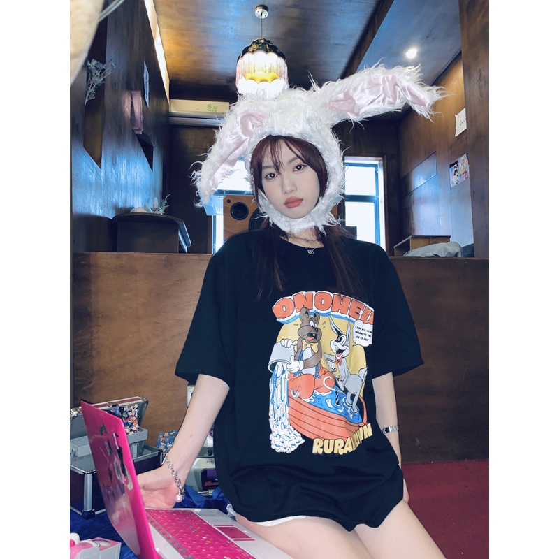 EUNII T-shirt Lengan Pendek Kartun Satwa Pencetakan Longgar Korean Style/Kaos Atasan Wanita/Baju Kaus Oversize Wanita