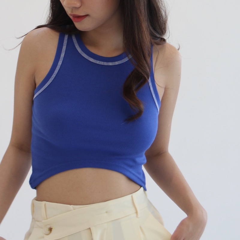 RUE TOP | Ribbed Knit Racer Oval Cut Tank Tanktop Summer Stretch Rib Top SOMA