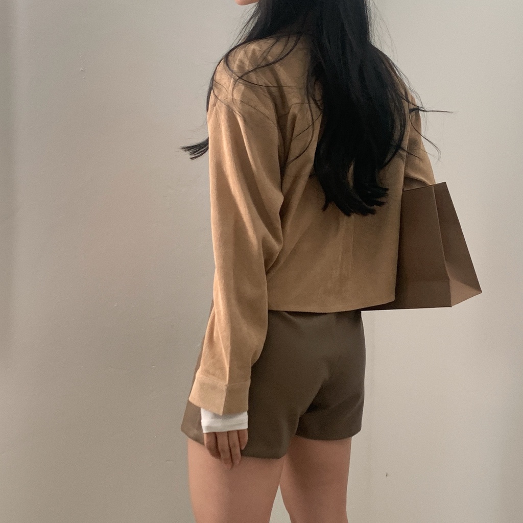 Baju Atasan Wanita Lengan Panjang Corduroy Top Oversize Crop  Vintage Korduroi Kekinian Blouse