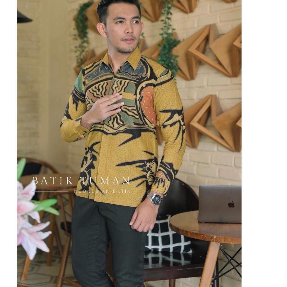 Terlaris.. (SLIMFIT & REGULER) PONDRAKARNA Kemeja Batik Pria Warna Kuning Pastel Batik Mega Mendung 