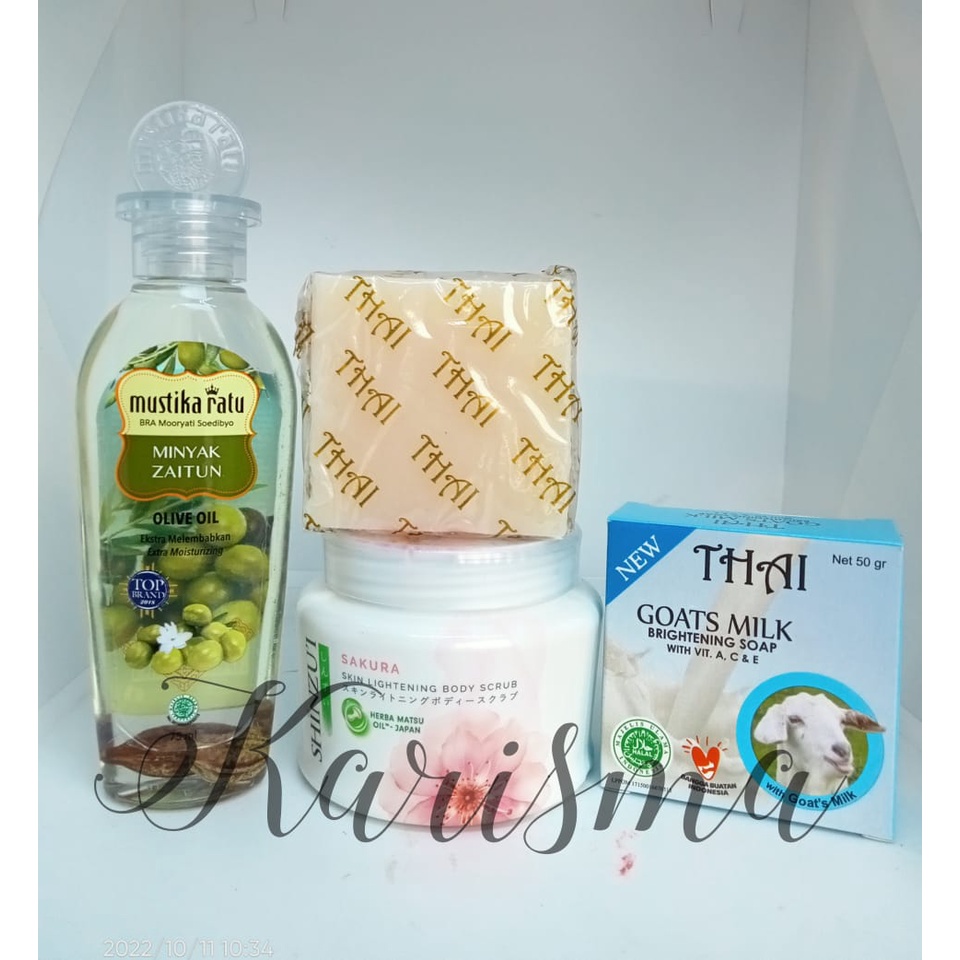 PAKET PUTIH SHINZUI SABUN THAI GOAT'S MILK DAN MINYAK ZAITUN 3 IN 1 TERMURAH / Bodi scrub 120 gr /th