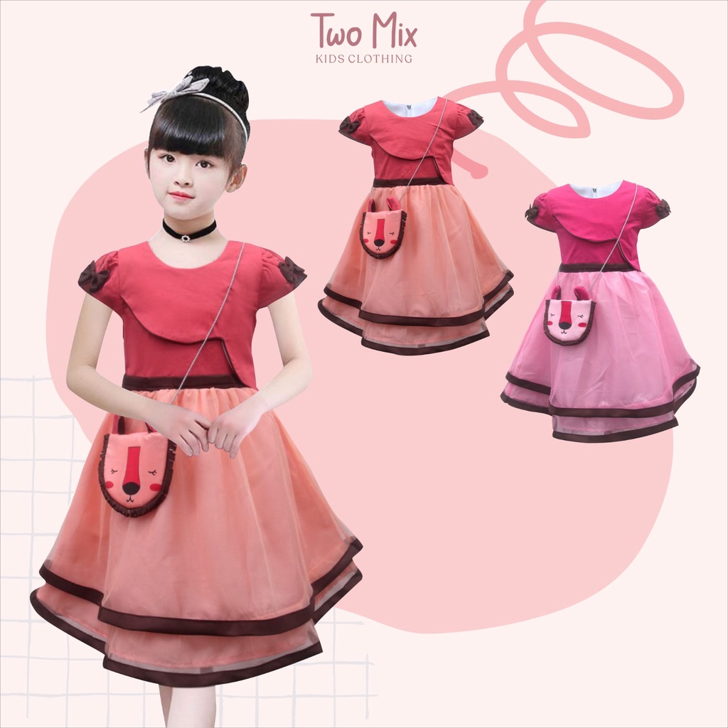 Two Mix - Baju Dress Pesta Anak Perempuan Ramadan LION 1-12 Tahun + Tas Lucu 4120