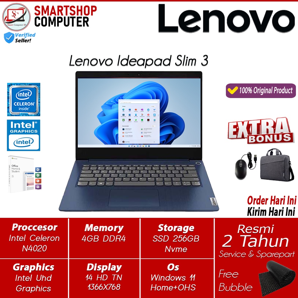Laptop Lenovo Ideapad Slim 3 Intel Celeron N4020 4GB 256GB SSD Windows11 OHS 2021