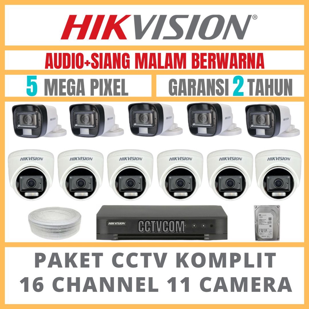 PAKET CCTV HIKVISION COLORVU 5MP 16 CHANNEL 11 CAMERA COLORFULL